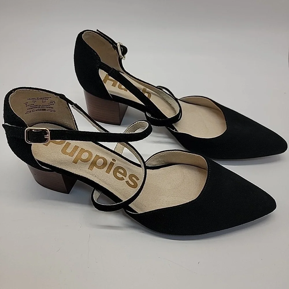 HUSH PUPPIES Sofie Cross Strap Black Suede Leather Womens Sz 9 Mid Block Heels‎